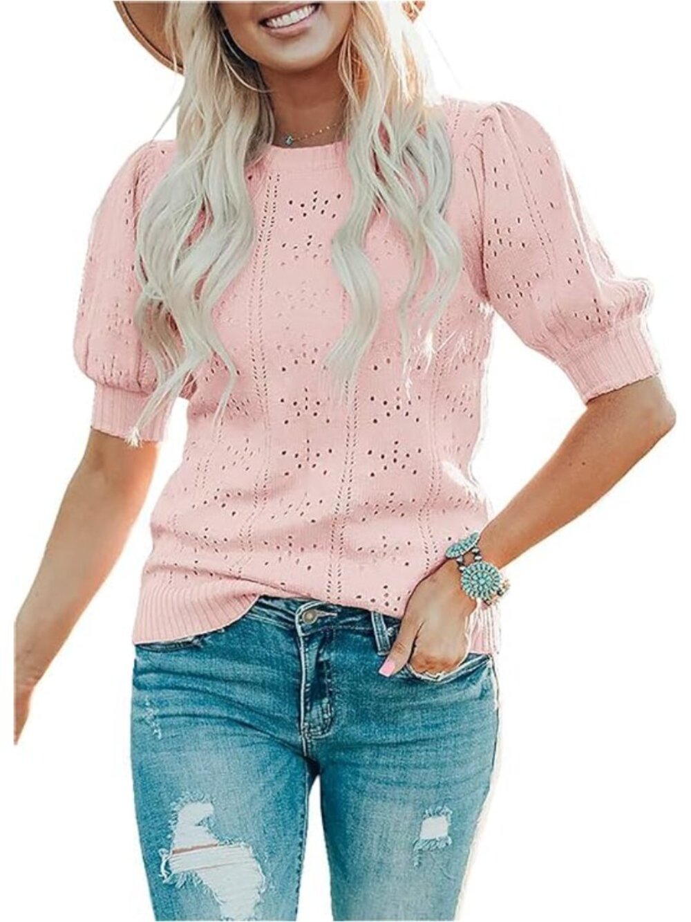 Puff Short Sleeve Sweater Top Lightweight Knit Crew Neck Pullover Blouse